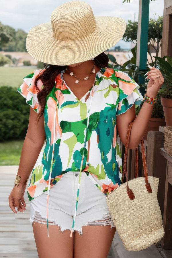 Plus Random Print Ruffled Sleeve Boho Blouse - | SmartBuyApparel