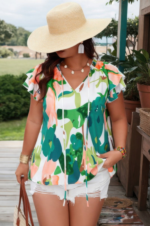 Plus Random Print Ruffled Sleeve Boho Blouse - | SmartBuyApparel