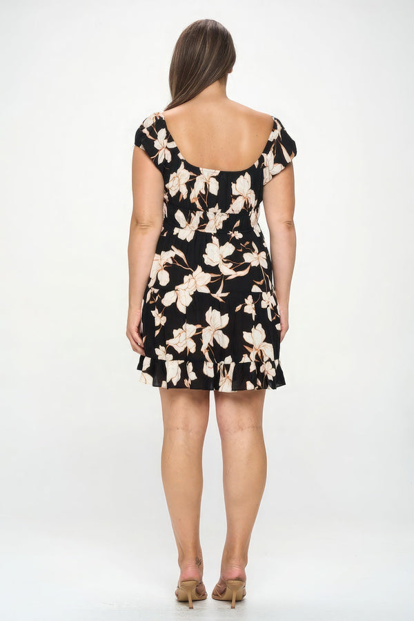 Plus Size Big Floral Front Tie Ruffle Mini Dress - Dress - SmartBuyApparel