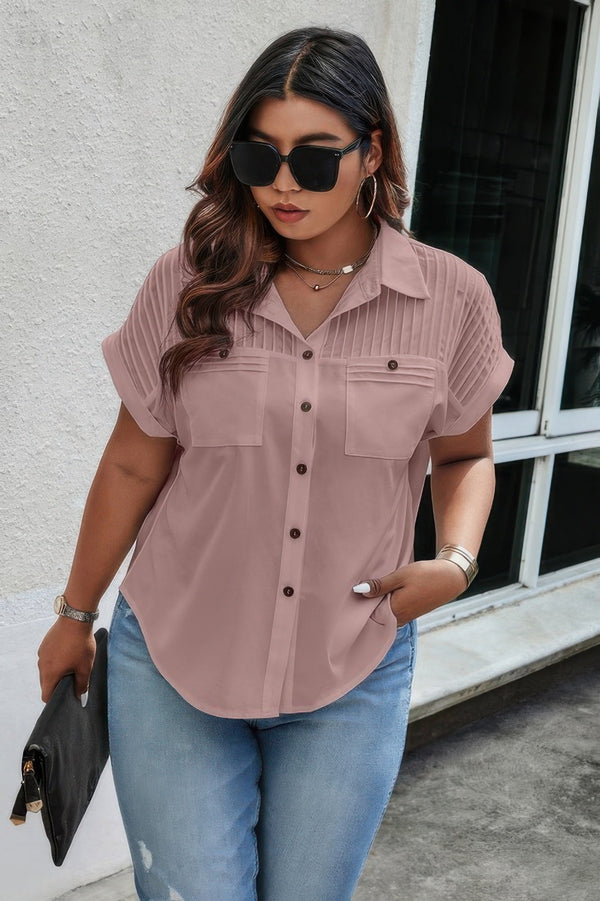 Plus Size Button Solid Color Block Loose Blouse - | SmartBuyApparel