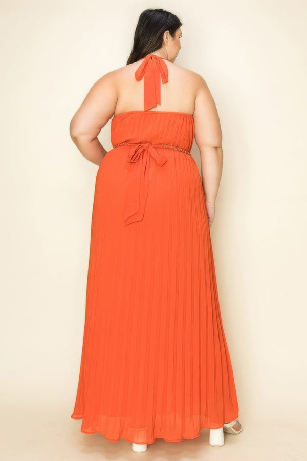 Plus Size Chiffon Pleated Gold Trim Neck & Belt Cut Out Chest Maxi Dress - SmartBuyApparel