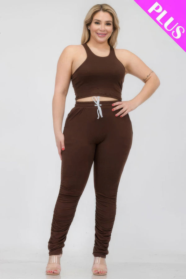 Plus Size Crop Tank Top & Ruched Pants Set - | SmartBuyApparel