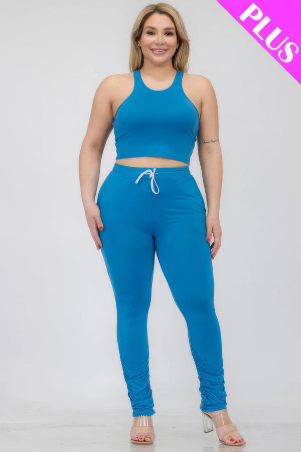 Plus Size Crop Tank Top & Ruched Pants Set - | SmartBuyApparel