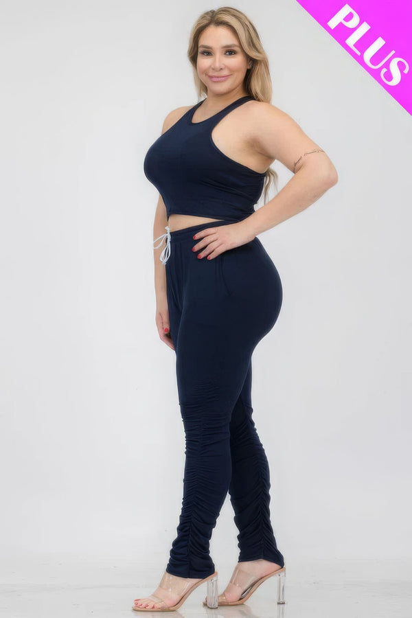 Plus Size Crop Tank Top & Ruched Pants Set - | SmartBuyApparel