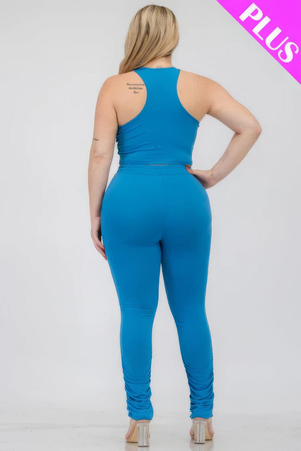 Plus Size Crop Tank Top & Ruched Pants Set - | SmartBuyApparel