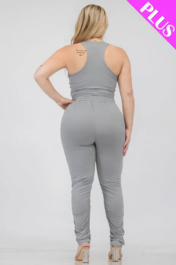 Plus Size Crop Tank Top & Ruched Pants Set - | SmartBuyApparel
