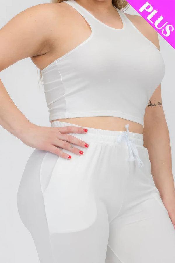 Plus Size Crop Tank Top & Ruched Pants Set - | SmartBuyApparel