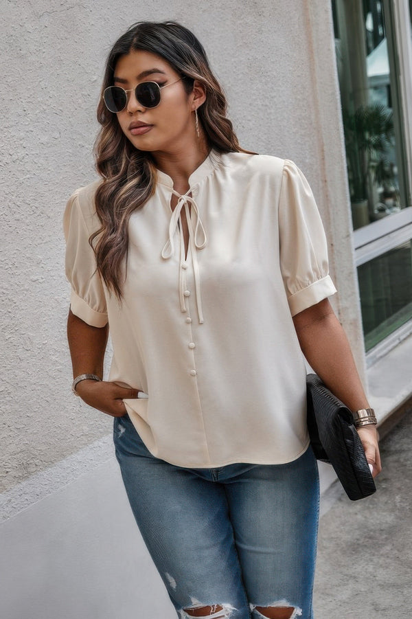 Plus Size Cross Neck Puff Sleeves Solid Button Top - | SmartBuyApparel