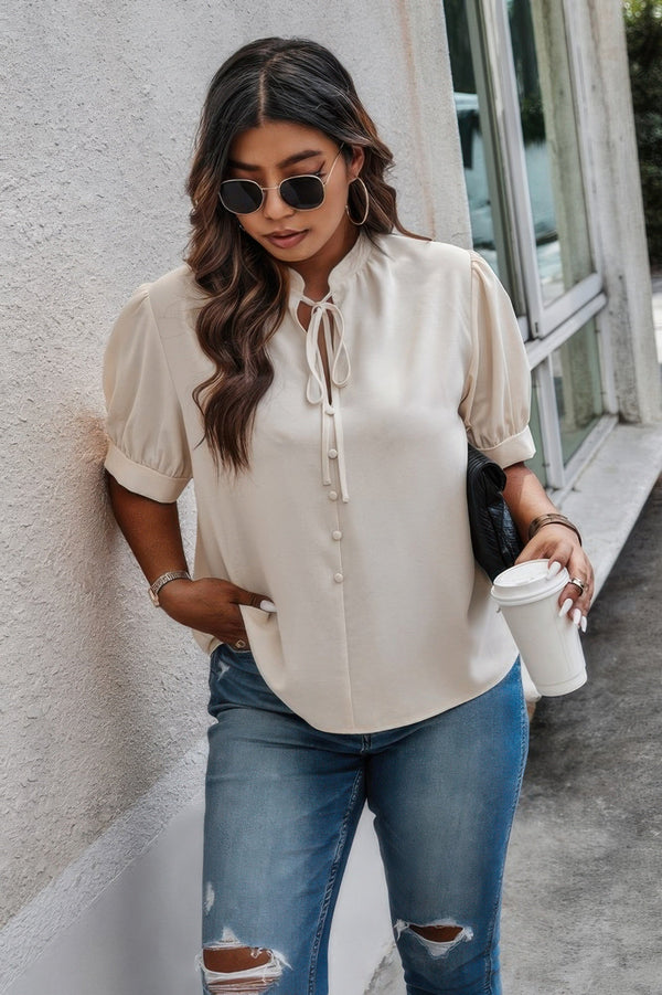 Plus Size Cross Neck Puff Sleeves Solid Button Top - | SmartBuyApparel