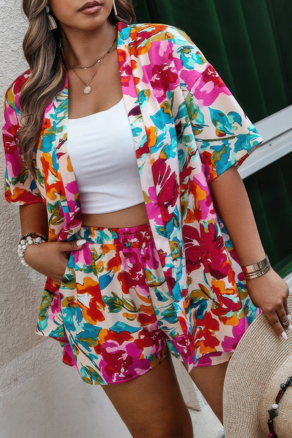 Plus Size Floral Print Open Front Shorts Sets - | SmartBuyApparel