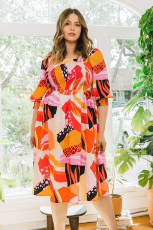 Plus Size Floral Print Square Neckline Midi Dress - Dress - SmartBuyApparel