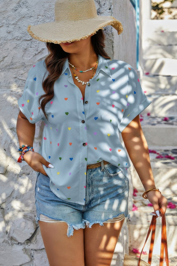 Plus Size Hearts Print Button Down Loose Blouse - | SmartBuyApparel