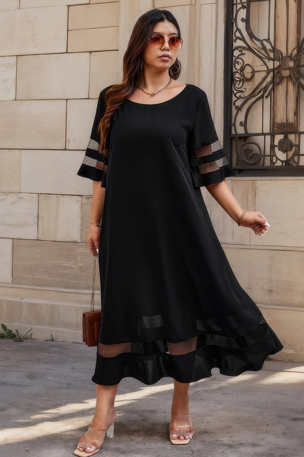 Plus Size Mesh Splicing Round Neck Long Dress - | SmartBuyApparel