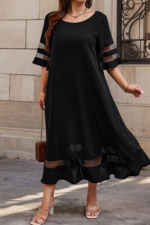 Plus Size Mesh Splicing Round Neck Long Dress - | SmartBuyApparel