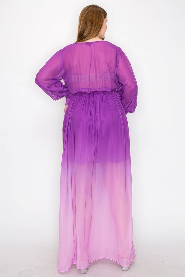 Plus Size Ombre Chiffon Wrap Front Long Sleeve Tie Waist Slit Front Maxi Dress - Dress - SmartBuyApparel