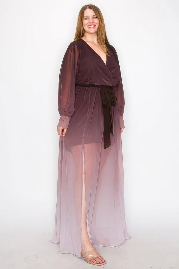 Plus Size Ombre Chiffon Wrap Front Long Sleeve Tie Waist Slit Front Maxi Dress - Dress - SmartBuyApparel