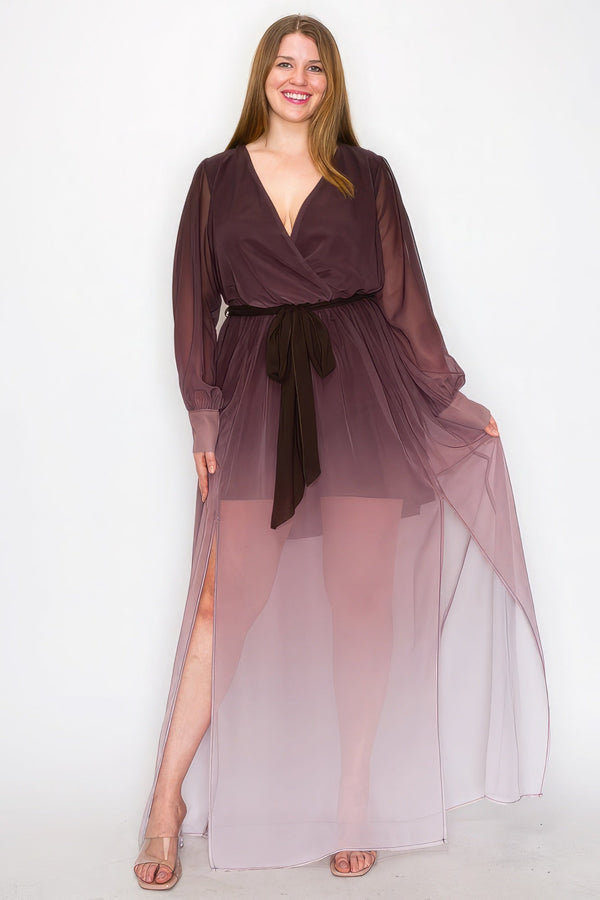 Plus Size Ombre Chiffon Wrap Front Long Sleeve Tie Waist Slit Front Maxi Dress - Dress - SmartBuyApparel
