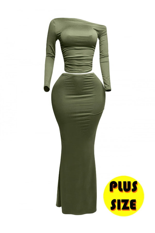 Plus Size One Side Off Shoulder Top & Skirt Set - | SmartBuyApparel