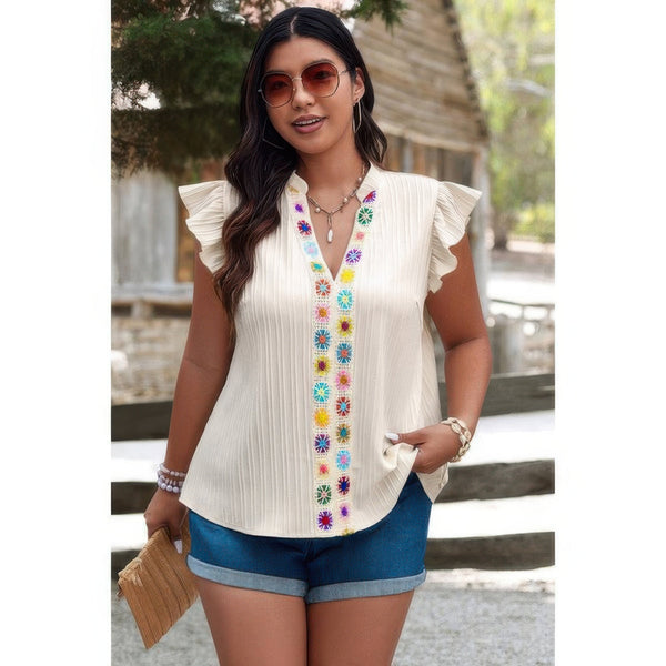 Plus Size Pleated Print V Neck Ruffle Fit Shirt - | SmartBuyApparel
