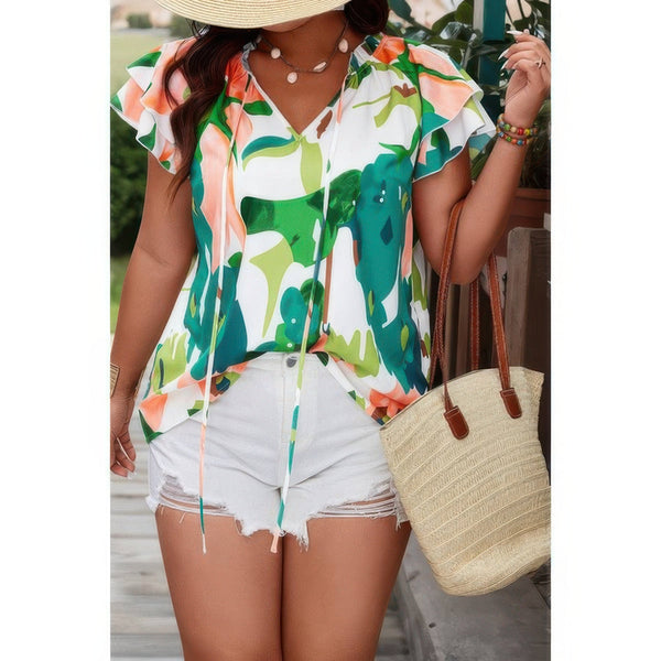 Plus Size Print Knot Neck Ruffle Fit Top - | SmartBuyApparel