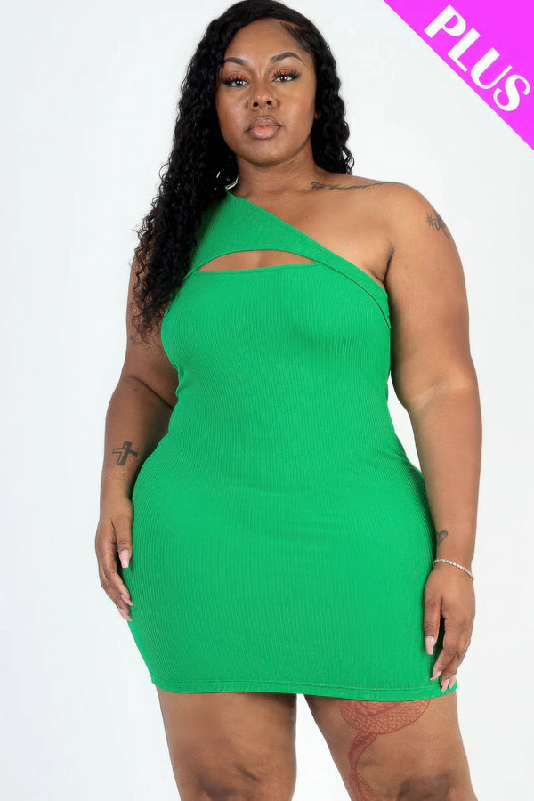 Plus Size Ribbed One Shoulder Cutout Front Casual Mini Bodycon Dress - Dress - SmartBuyApparel