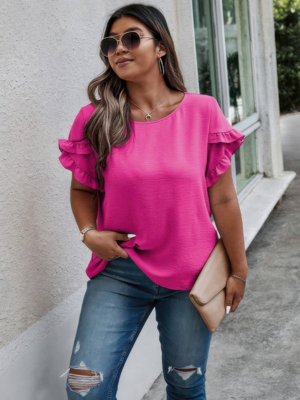 Plus Size Round Neck Ruffle Solid Loose Shirt - | SmartBuyApparel