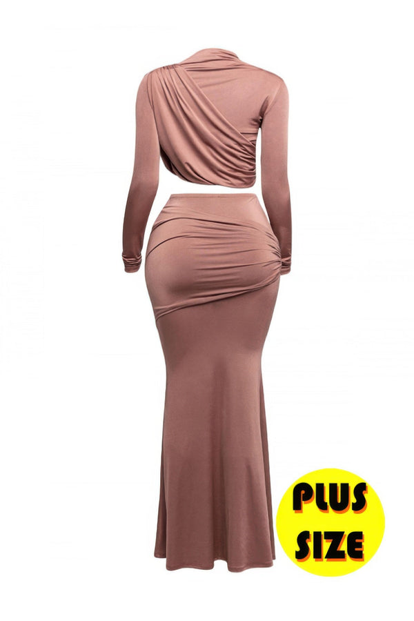Plus Size Shirring Detailed Top & Long Skirt Set - | SmartBuyApparel