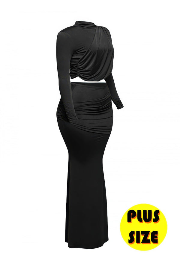 Plus Size Shirring Detailed Top & Long Skirt Set - | SmartBuyApparel