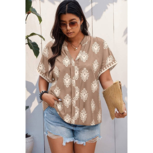 Plus Size Short Sleeve V Neck Printed Blouse - | SmartBuyApparel