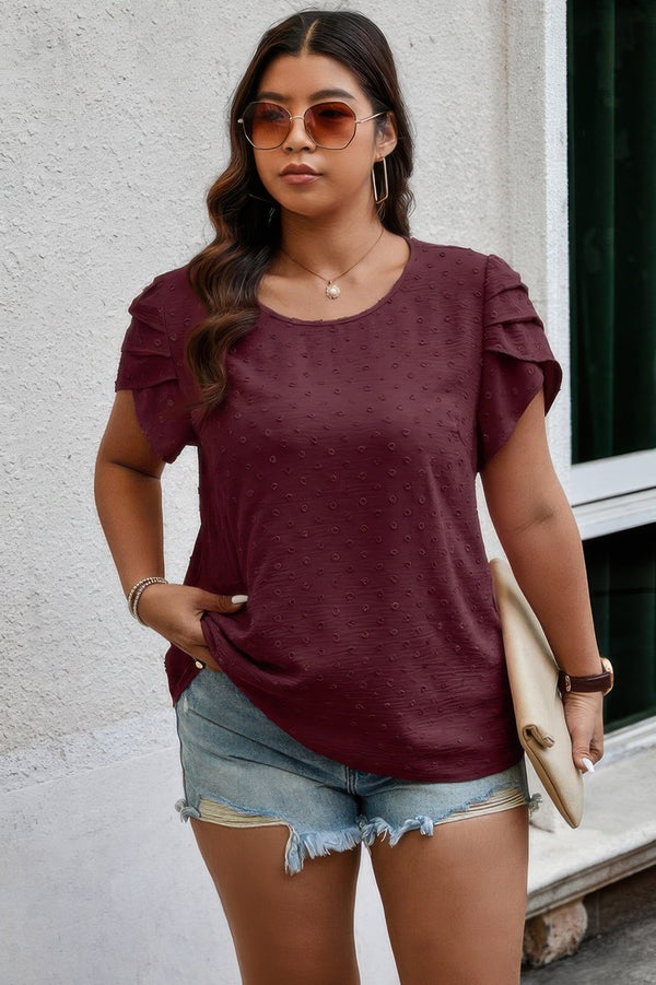Plus Size Solid Swiss Dots Short Sleeve Blouse - | SmartBuyApparel