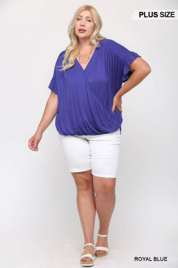 Plus - Size Solid Viscose Knit Surplice Top With Ruffle Sleeve - Women's top - SmartBuyApparel
