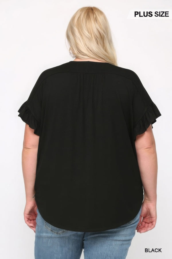 Plus - Size Solid Viscose Knit Surplice Top With Ruffle Sleeve - Women's top - SmartBuyApparel