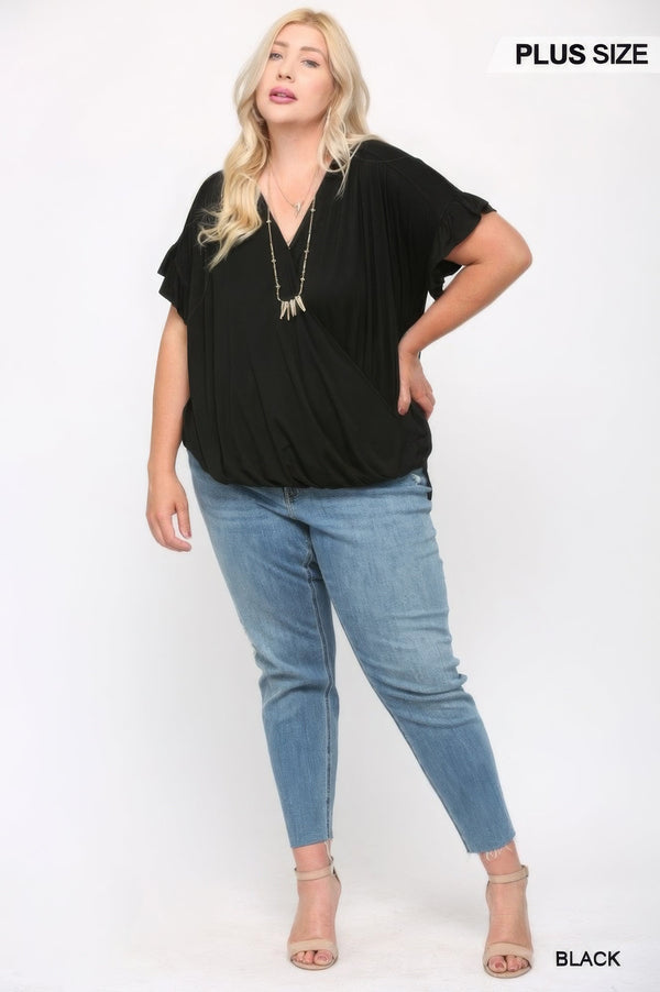 Plus - Size Solid Viscose Knit Surplice Top With Ruffle Sleeve - Women's top - SmartBuyApparel