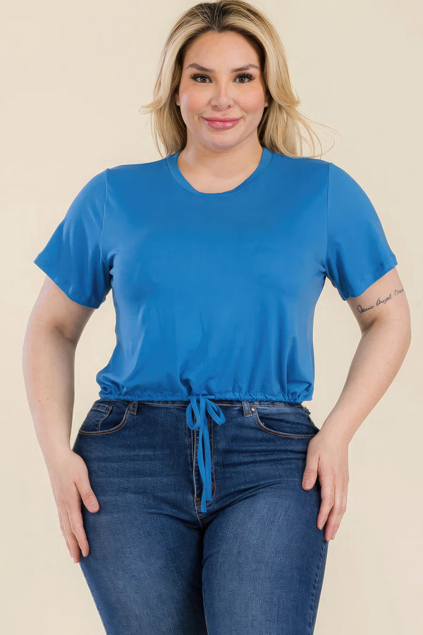 Plus Size Tie Front Drawstring Short Sleeve Crop Top - women's shirt - SmartBuyApparel
