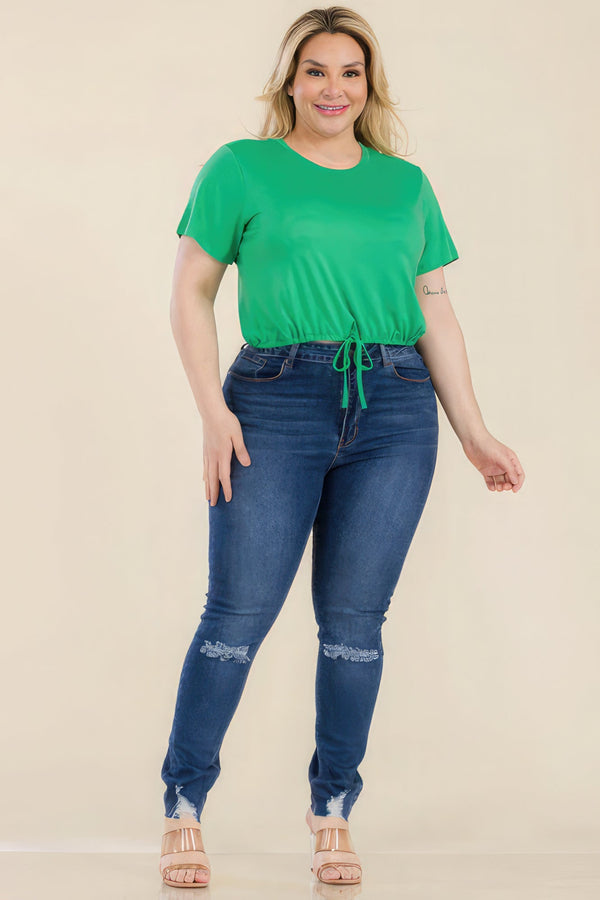 Plus Size Tie Front Drawstring Short Sleeve Crop Top - women's shirt - SmartBuyApparel