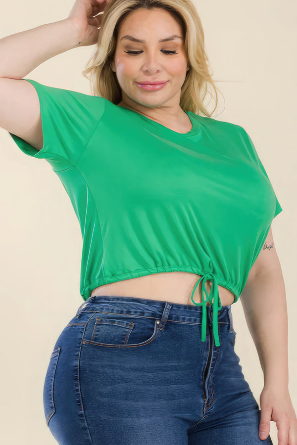 Plus Size Tie Front Drawstring Short Sleeve Crop Top - women's shirt - SmartBuyApparel