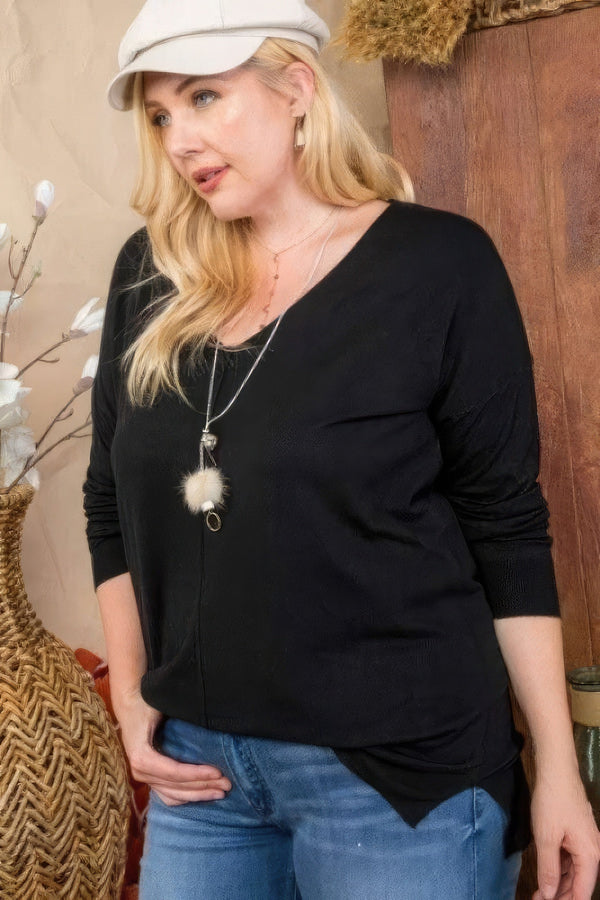 Plus Size V - Neck 3/4 Sleeve Side Slit Hi - Lo Sweater - Women's sweater - SmartBuyApparel