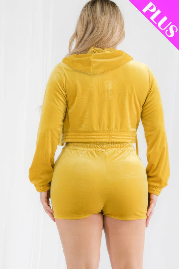 Plus Size Velour Crop Zip Up Hoodie And Shorts Set - Activeware - SmartBuyApparel