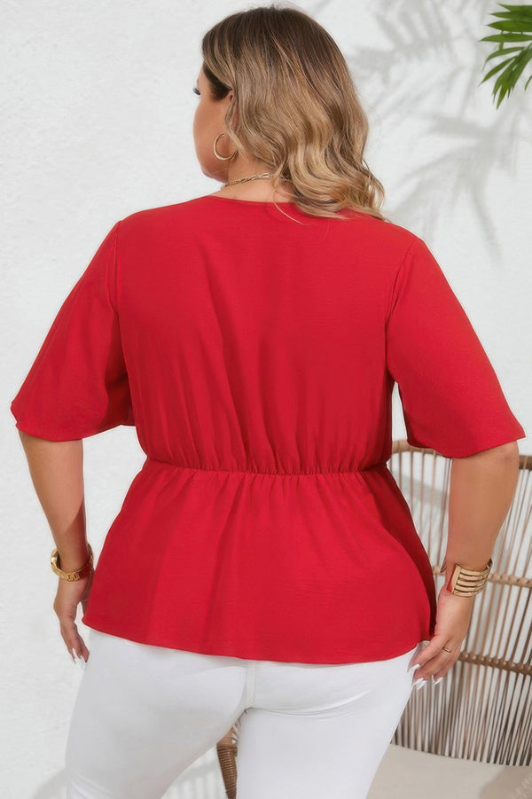 Plus Tie Front Half Button V Neck Solid Blouse - | SmartBuyApparel
