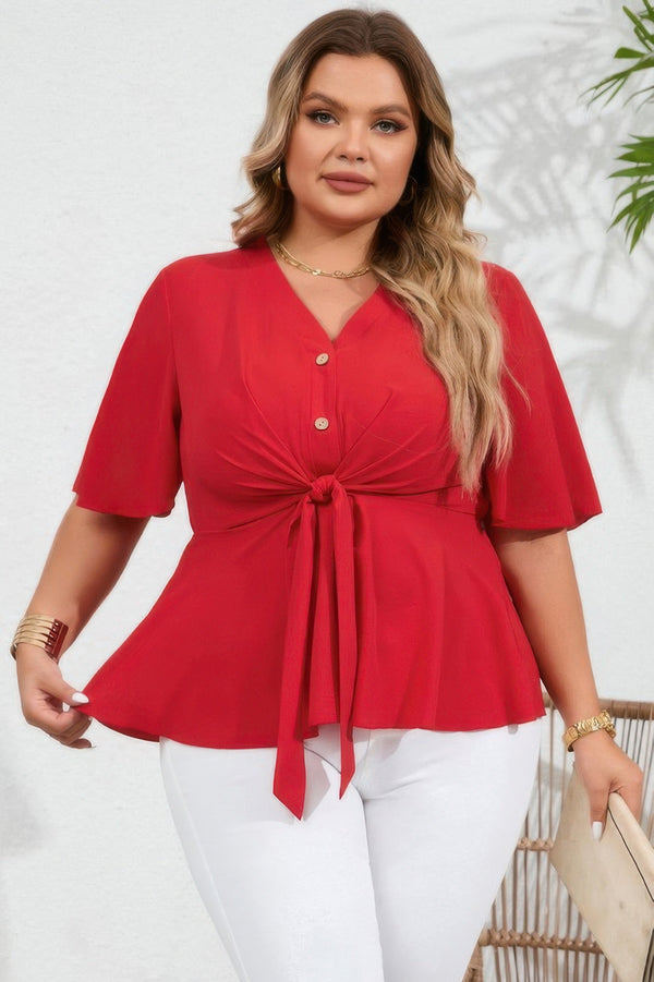 Plus Tie Front Half Button V Neck Solid Blouse - | SmartBuyApparel