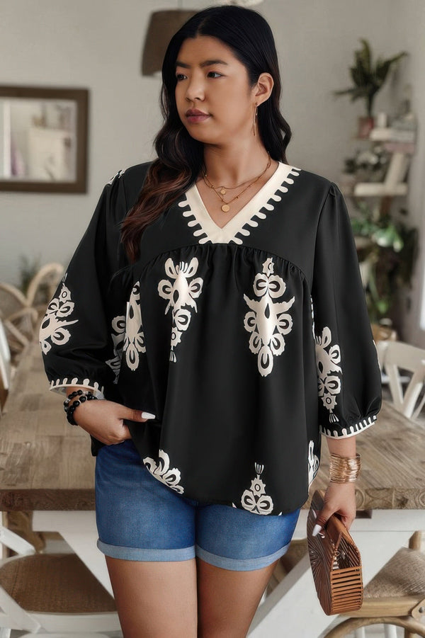 Plus V Neck Geo Print Puff Sleeve Blouse - | SmartBuyApparel