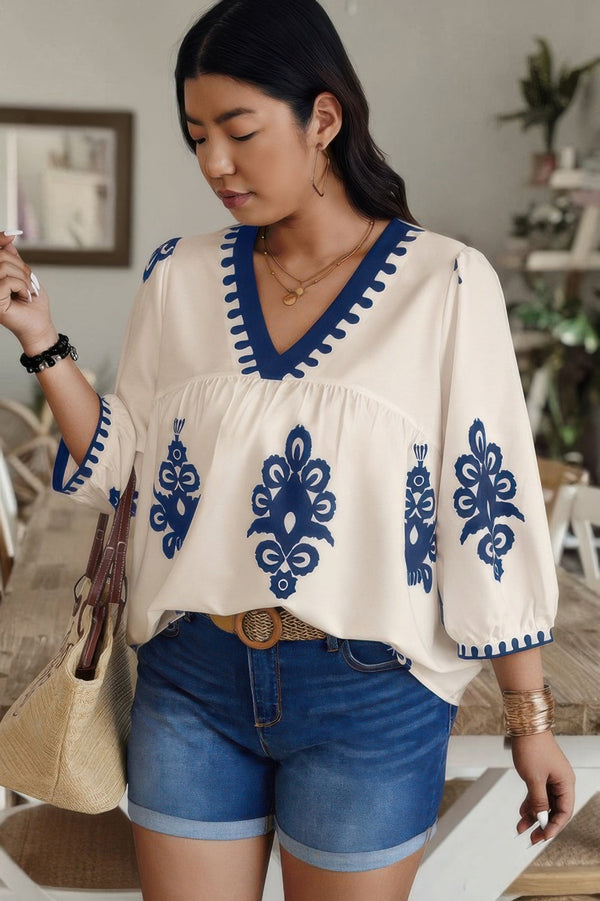 Plus V Neck Geo Print Puff Sleeve Blouse - | SmartBuyApparel