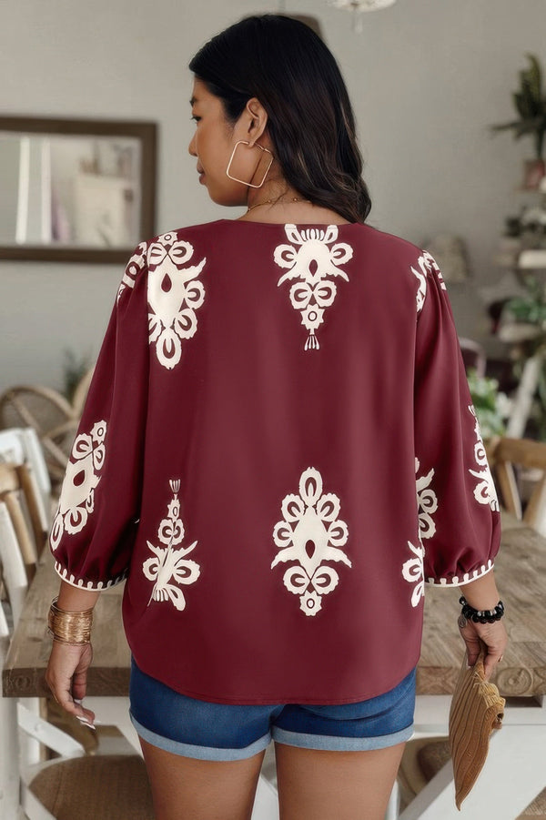 Plus V Neck Geo Print Puff Sleeve Blouse - | SmartBuyApparel