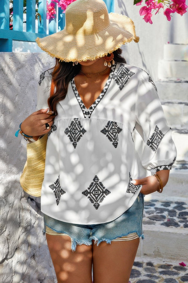 Plus V Neck Geometric Printed Embroidered Peplum Shirt - | SmartBuyApparel
