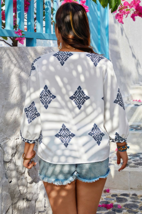 Plus V Neck Geometric Printed Embroidered Peplum Shirt - | SmartBuyApparel