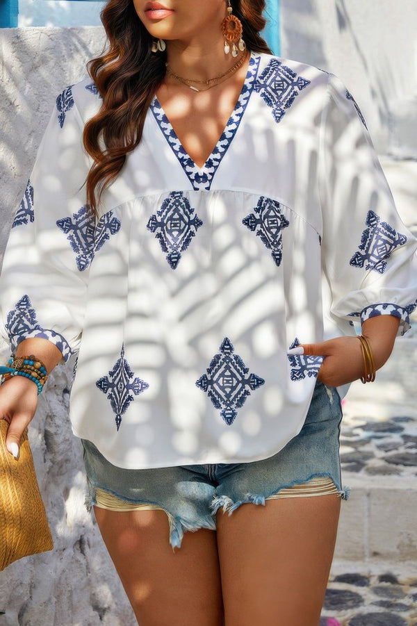 Plus V Neck Geometric Printed Embroidered Peplum Shirt - | SmartBuyApparel