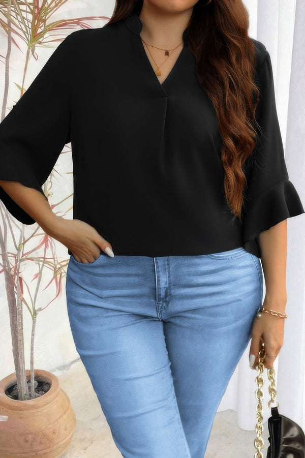 Plus V Neck Ruffle Half Sleeves Loose Blouse - | SmartBuyApparel