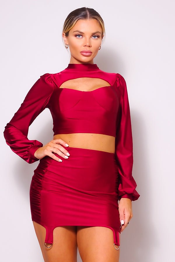 Puff Long Sleeve Front Cutout Turtleneck Blouse & Side Ruched Garter Mini Skirt Set - Set - SmartBuyApparel