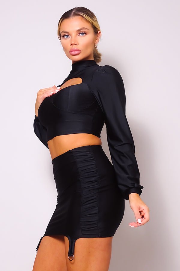 Puff Long Sleeve Front Cutout Turtleneck Blouse & Side Ruched Garter Mini Skirt Set - Set - SmartBuyApparel