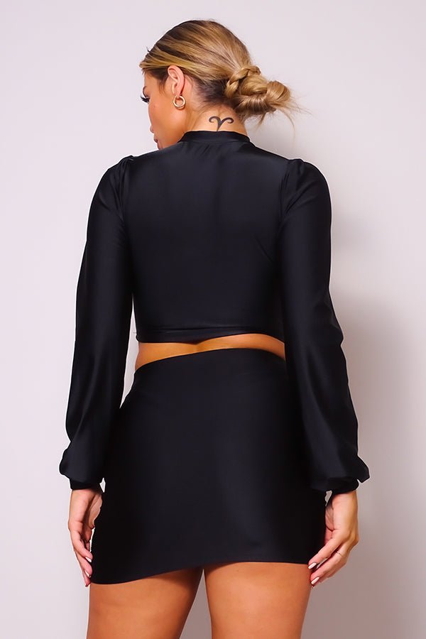 Puff Long Sleeve Front Cutout Turtleneck Blouse & Side Ruched Garter Mini Skirt Set - Set - SmartBuyApparel